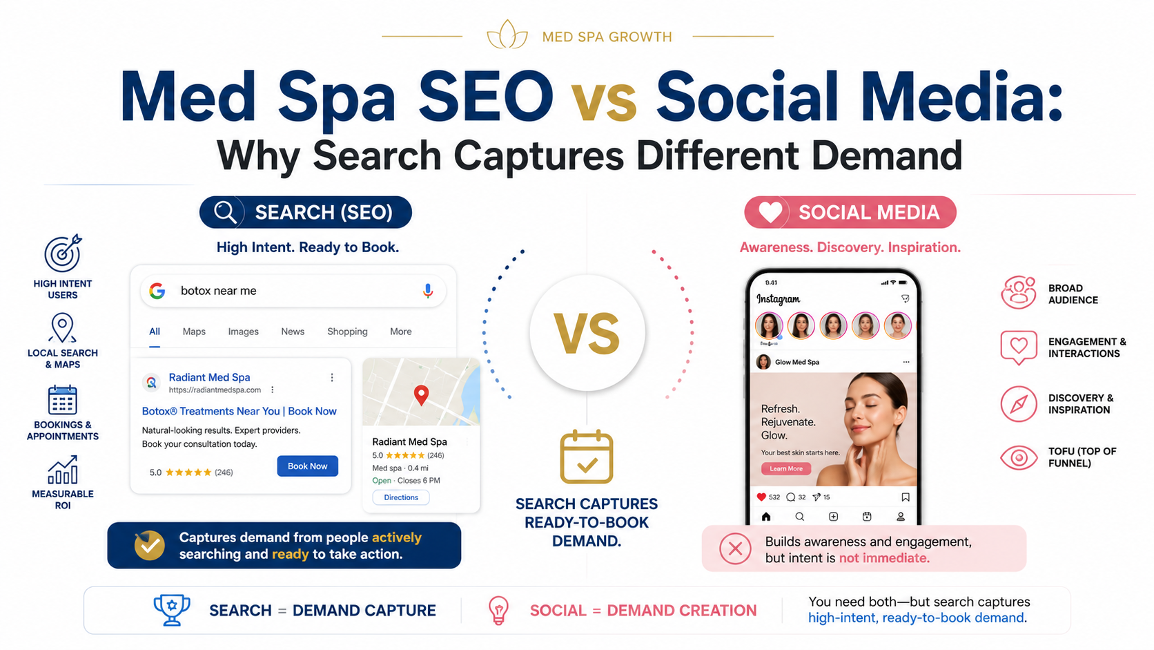 Med Spa SEO vs Social Media: Why Search Captures Different Demand