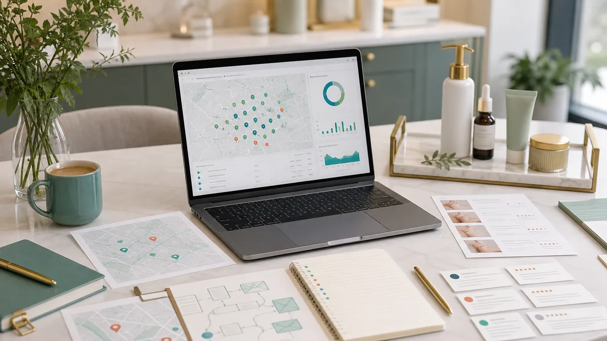 Editorial med spa search audit workspace with map and service notes