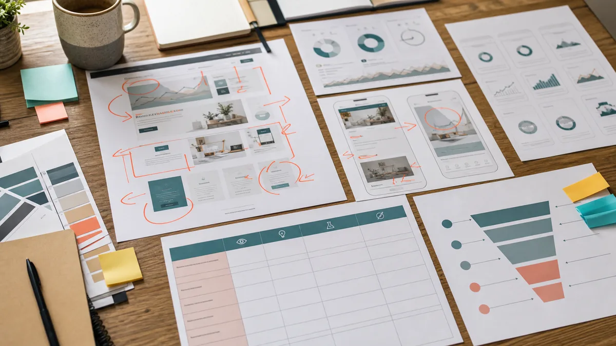 Website conversion teardown notes and analytics cards